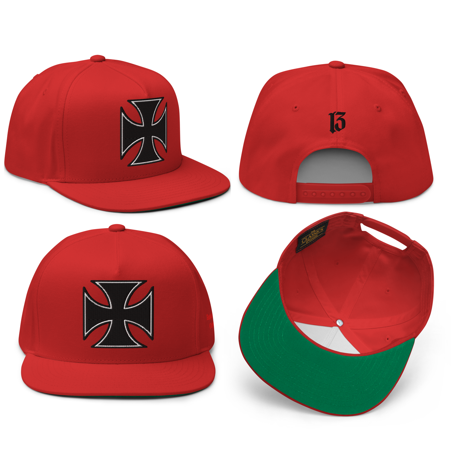 
                  
                    All sides View Red Street Demon Snapback Hat from Asphalt Anarchist Clothing Co. featuring a bold embroidered Iron Cross emblem centered on the front panel; flat brim and structured fit reflect rebellious streetwear style.
This image was AI-generated.
                  
                
