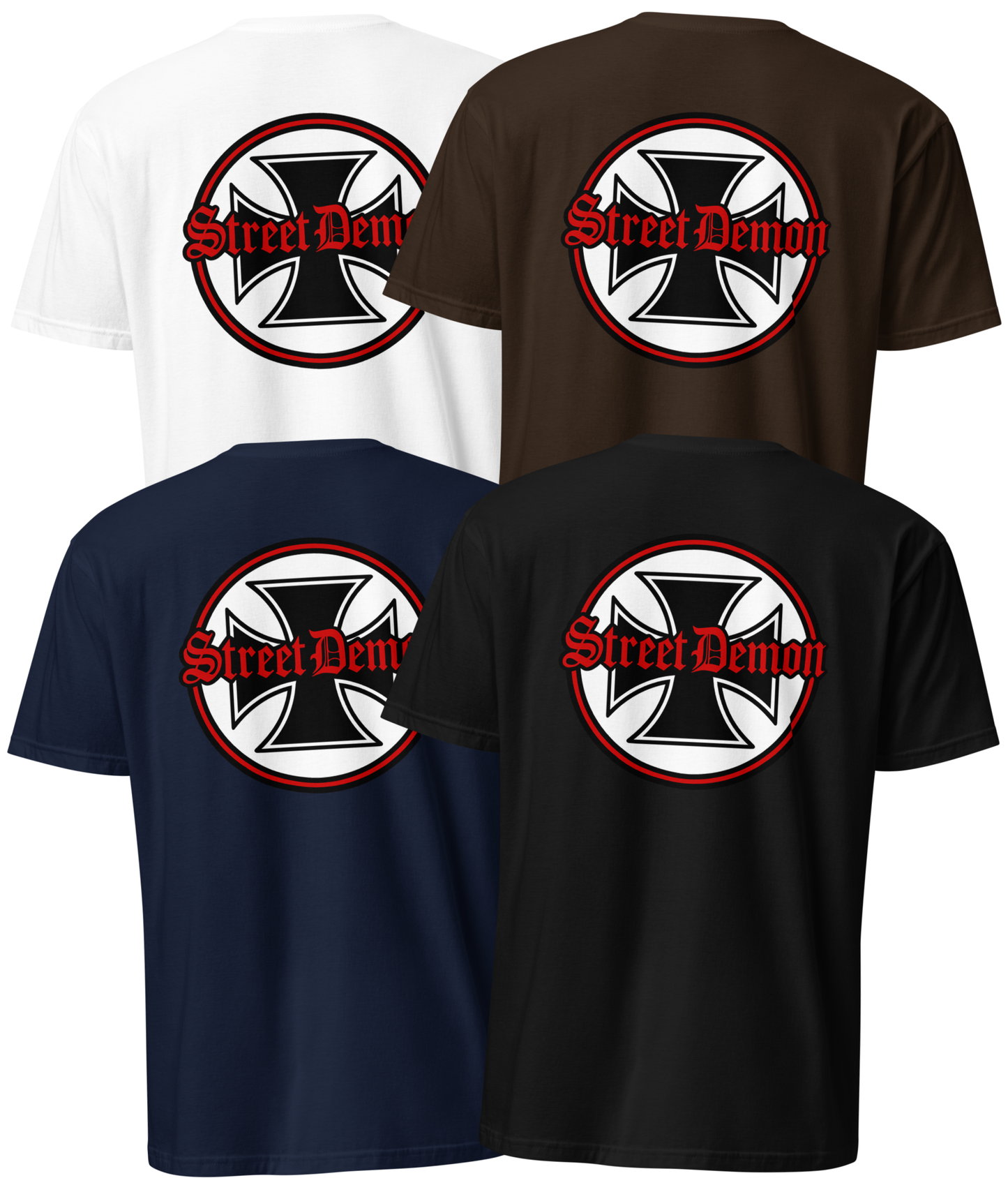 Back view. Street Demon Soft-Style Tee in 4 color options, featuring bold vintage hot rod artwork printed across the chest. Design includes distressed Old English lettering reading “Street Demon,” paired with a prominent iron cross emblem—reminiscent of classic biker iconography and 1950s car club insignias. Soft fabric, crew neck cut. Ideal for fans of rockabilly fashion, retro drag strip culture, and rebellious Americana. AI-generated image.