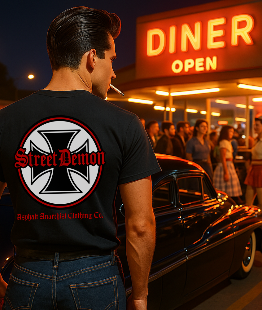 
                  
                    A 1950s era greaser stands next to his chopped 50 merc outside a car hop diner. Back view. Street Demon Soft-Style Tee in black, featuring bold vintage hot rod artwork printed across the chest. Design includes distressed Old English lettering reading “Street Demon,” paired with a prominent iron cross emblem—reminiscent of classic biker iconography and 1950s car club insignias. AI-generated image
                  
                