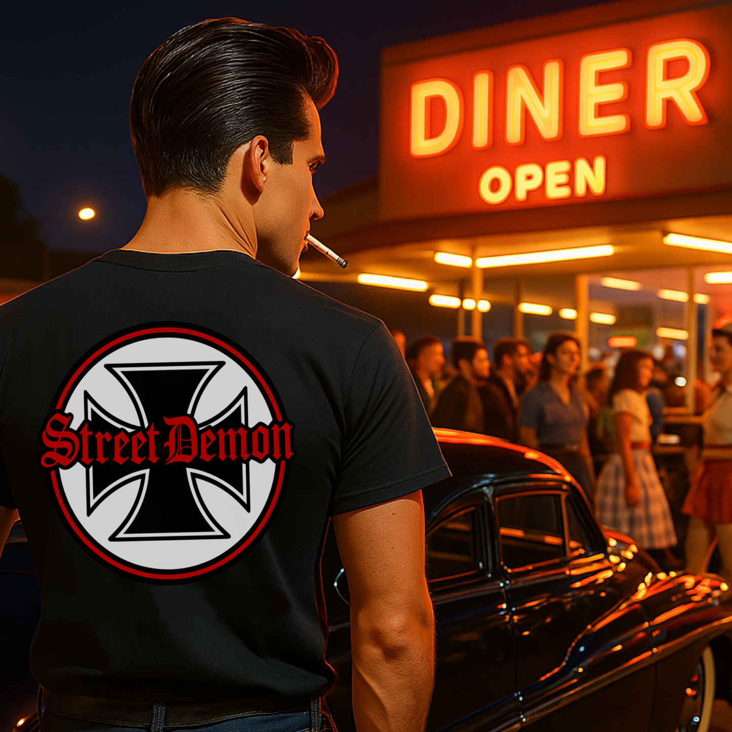 
                  
                    A 1950s era greaser stands next to his chopped 50 merc outside a car hop diner. Back view. Street Demon Soft-Style Tee in black, featuring bold vintage hot rod artwork printed across the chest. Design includes distressed Old English lettering reading “Street Demon,” paired with a prominent iron cross emblem—reminiscent of classic biker iconography and 1950s car club insignias. AI-generated image
                  
                