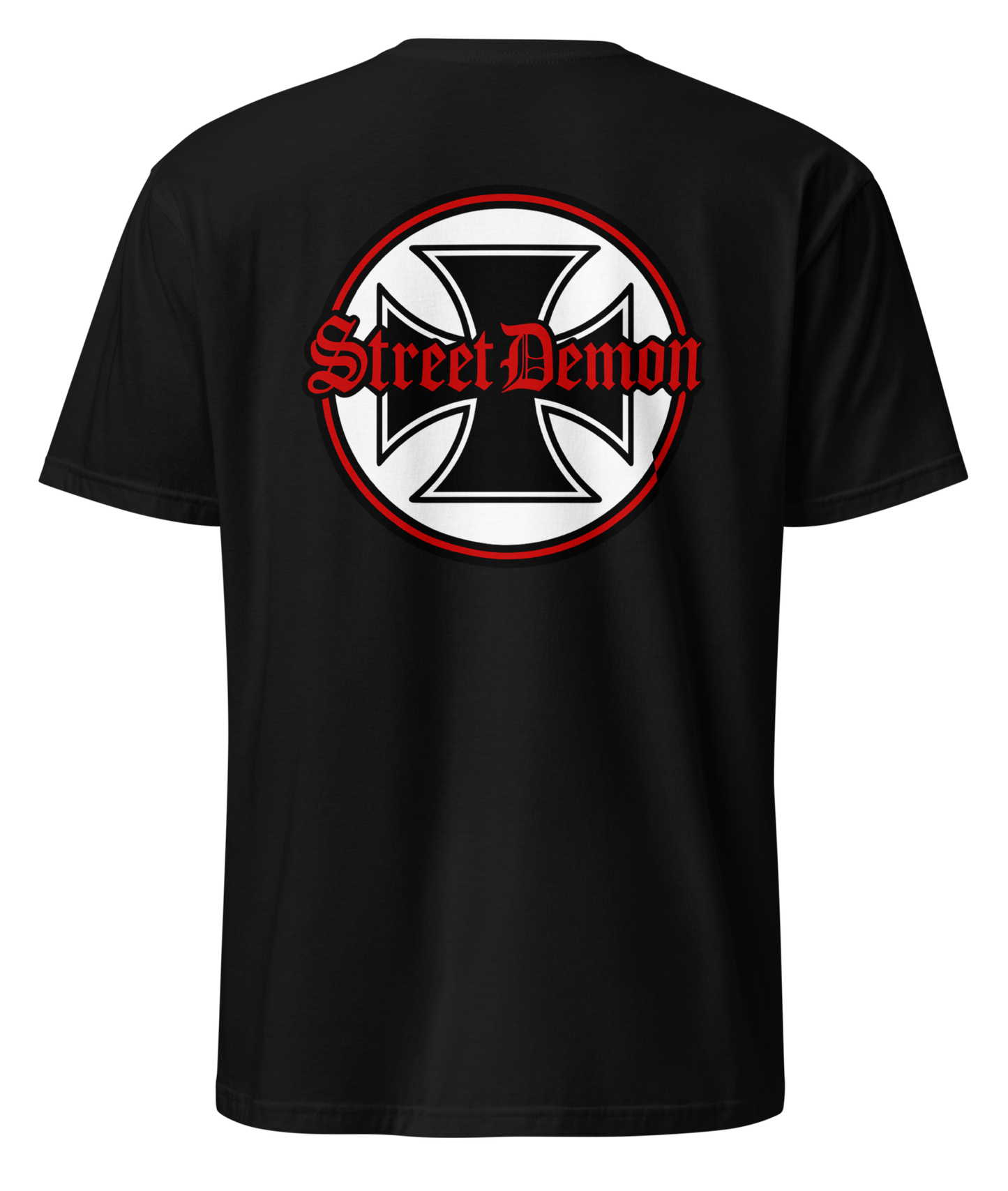 Back view. Street Demon Soft-Style Tee in black, featuring bold vintage hot rod artwork printed across the chest. Design includes distressed Old English lettering reading “Street Demon,” paired with a prominent iron cross emblem—reminiscent of classic biker iconography and 1950s car club insignias. Soft fabric, crew neck cut. Ideal for fans of rockabilly fashion, retro drag strip culture, and rebellious Americana. AI-generated image.
