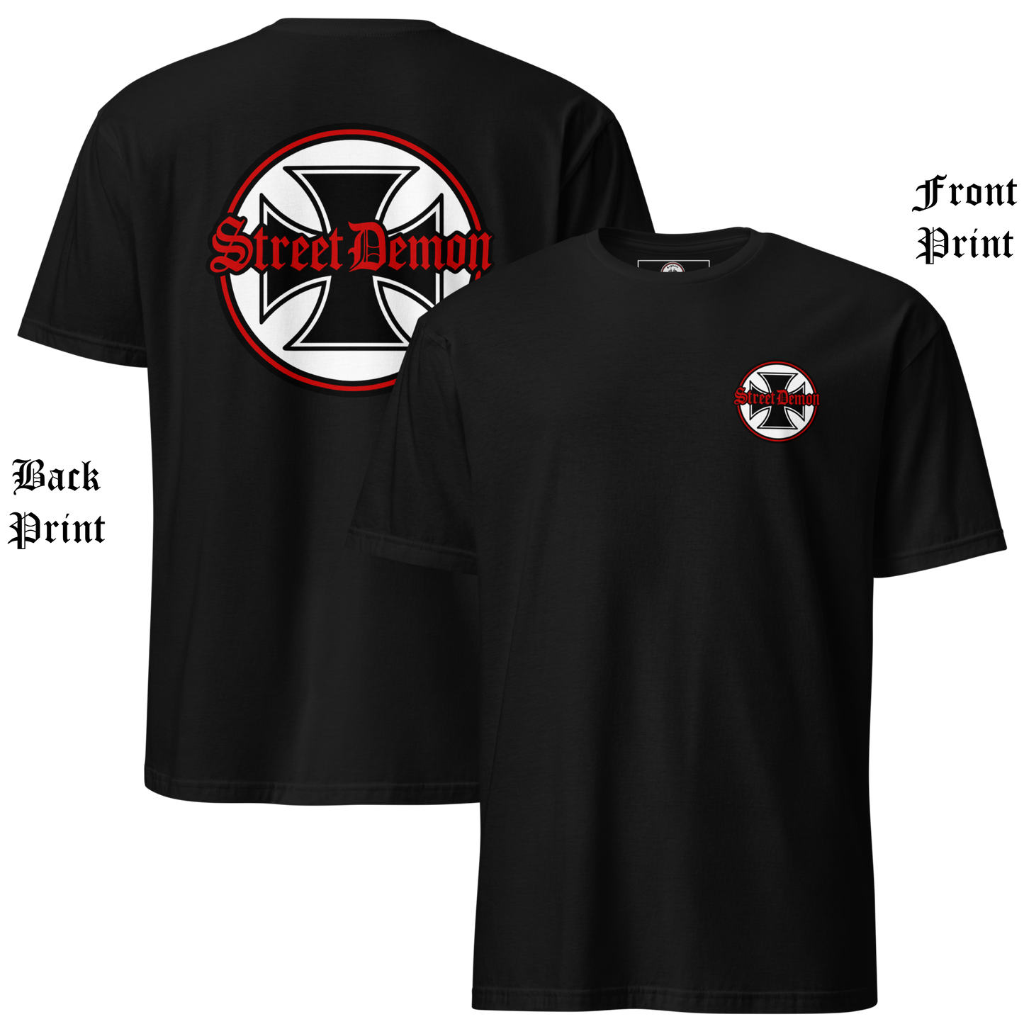 
                  
                    Back & front view. Street Demon Soft-Style Tee in black, featuring bold vintage hot rod artwork printed across the chest. Design includes distressed Old English lettering reading “Street Demon,” paired with a prominent iron cross emblem—reminiscent of classic biker iconography and 1950s car club insignias. Soft fabric, crew neck cut. Ideal for fans of rockabilly fashion, retro drag strip culture, and rebellious Americana. AI-generated image.
                  
                