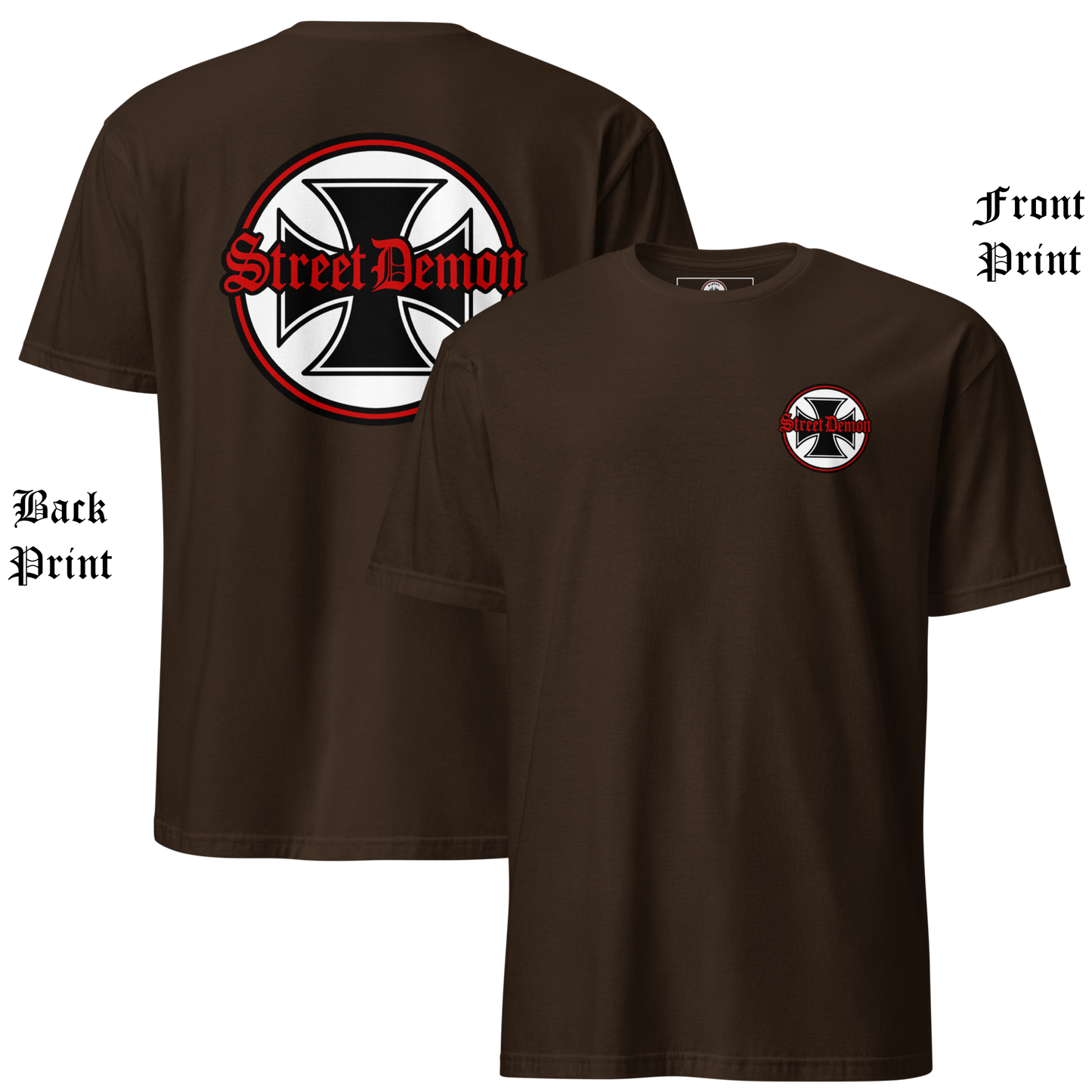 
                  
                    Back & front view. Street Demon Soft-Style Tee in brown, featuring bold vintage hot rod artwork printed across the chest. Design includes distressed Old English lettering reading “Street Demon,” paired with a prominent iron cross emblem—reminiscent of classic biker iconography and 1950s car club insignias. Soft fabric, crew neck cut. Ideal for fans of rockabilly fashion, retro drag strip culture, and rebellious Americana. AI-generated image.
                  
                