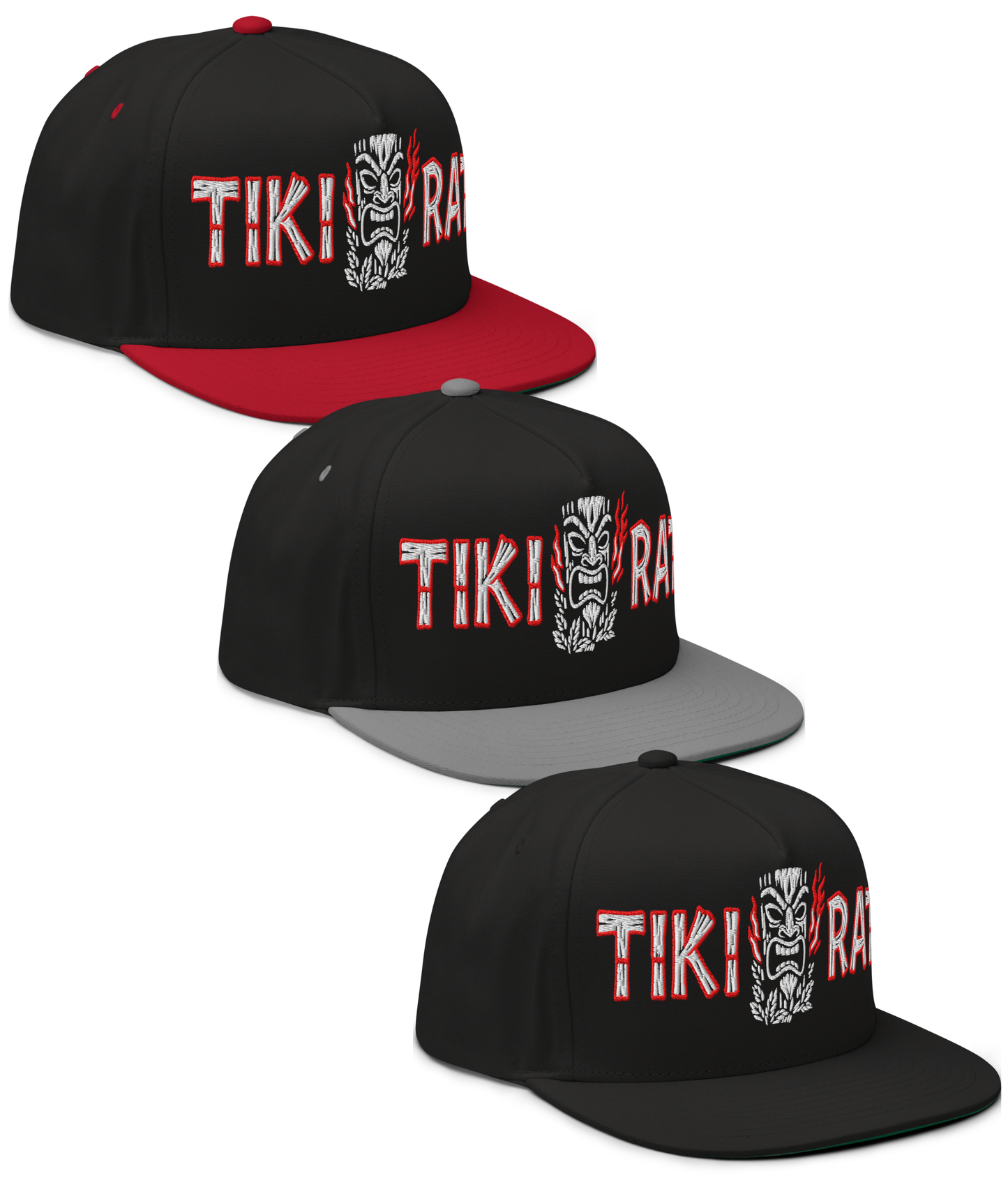 
                  
                    Front collage view of the Asphalt Anarchist Tiki Rat Embroidered Snapback Hat in black, black & gray, and black & red featuring a burning tiki idol and bamboo “Tiki Rat” lettering on the front with the iconic 13 on the back. AI‑Generated Image.
                  
                