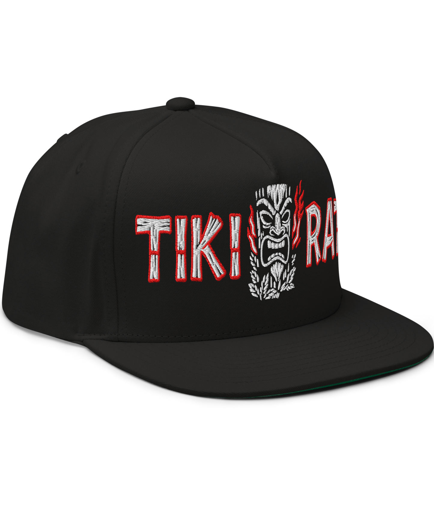 
                  
                    Front view of the Asphalt Anarchist Tiki Rat Embroidered Snapback Hat in black, featuring a burning tiki idol and bamboo “Tiki Rat” lettering on the front with the iconic 13 on the back. AI‑Generated Image.
                  
                