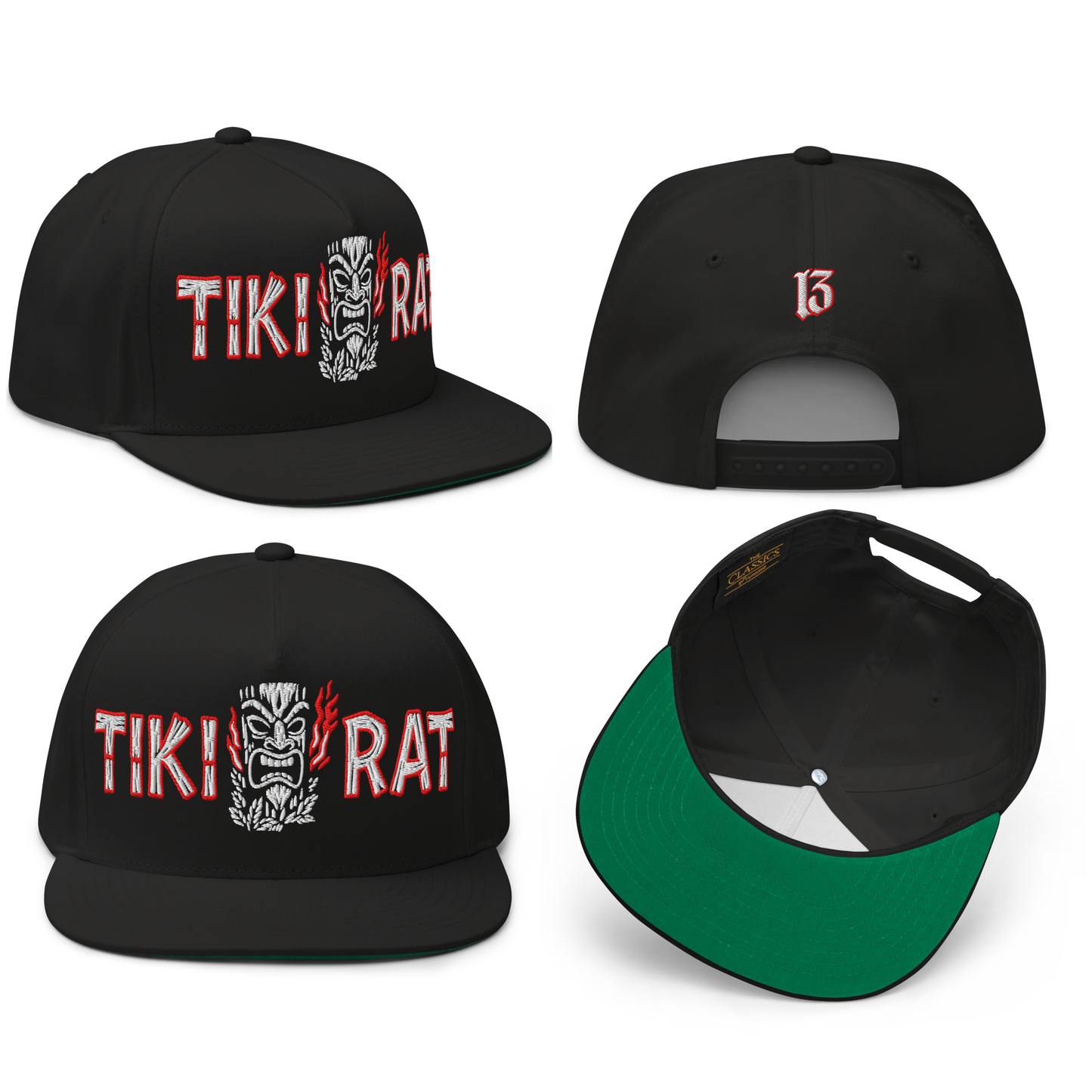 
                  
                    Collage view of the Asphalt Anarchist Tiki Rat Embroidered Snapback Hat in black, featuring a burning tiki idol and bamboo “Tiki Rat” lettering on the front with the iconic 13 on the back. AI‑Generated Image.
                  
                