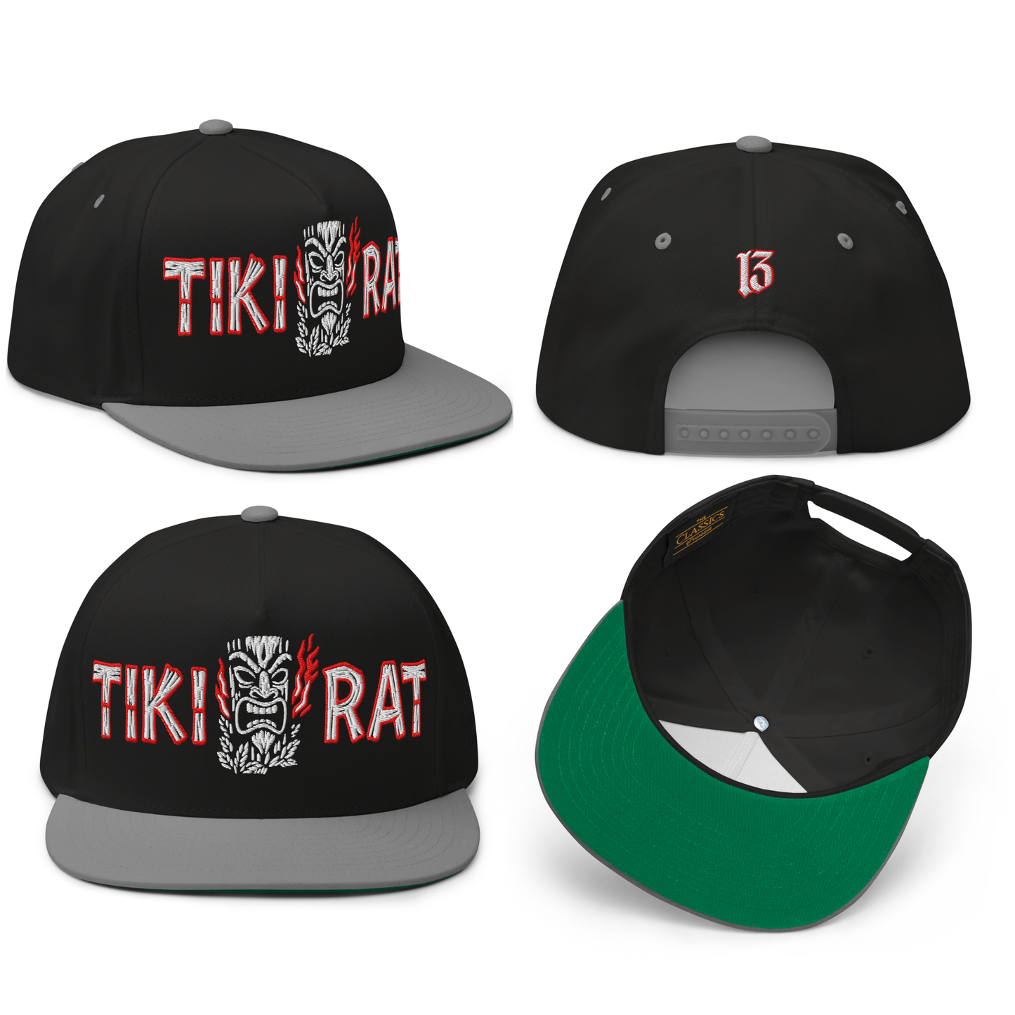 
                  
                    Collage view of the Asphalt Anarchist Tiki Rat Embroidered Snapback Hat in black & gray, featuring a burning tiki idol and bamboo “Tiki Rat” lettering on the front with the iconic 13 on the back. AI‑Generated Image.
                  
                