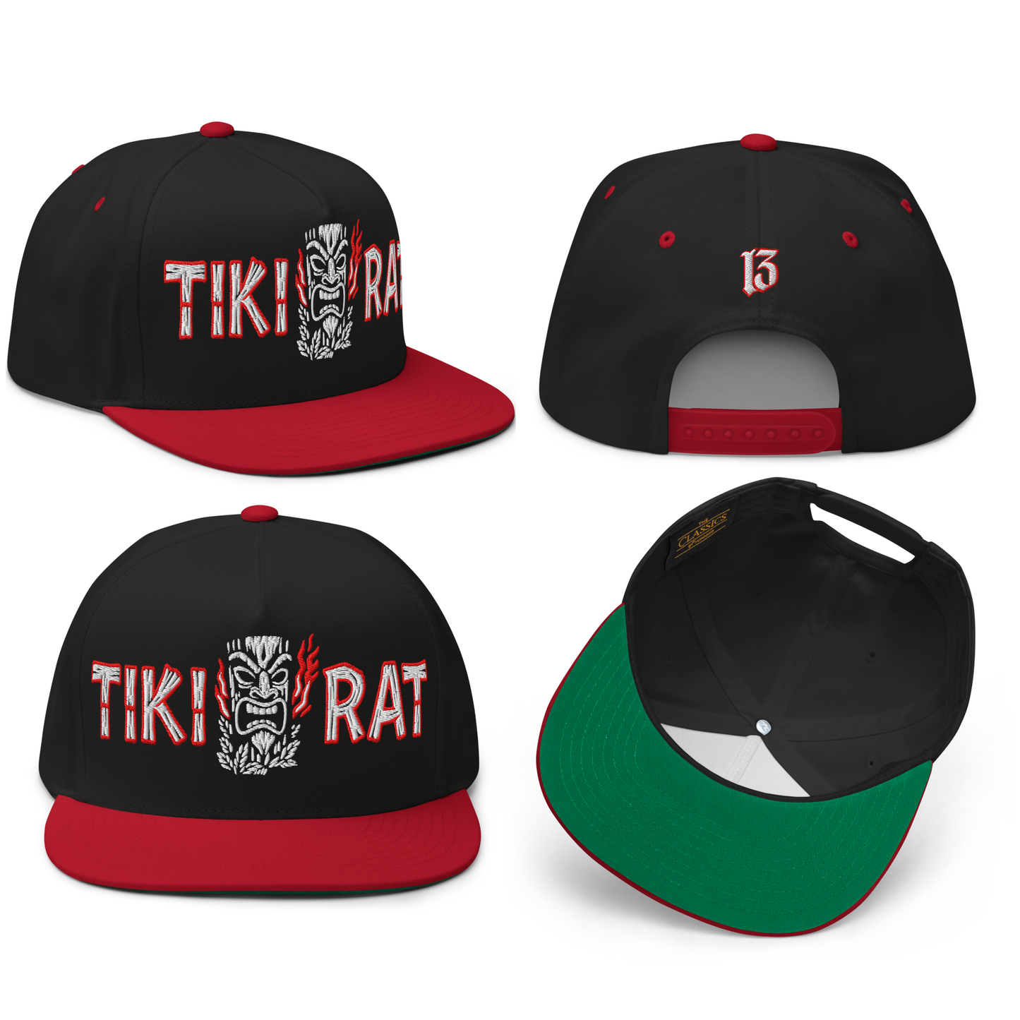 
                  
                    Collage view of the Asphalt Anarchist Tiki Rat Embroidered Snapback Hat in black & red, featuring a burning tiki idol and bamboo “Tiki Rat” lettering on the front with the iconic 13 on the back. AI‑Generated Image.
                  
                