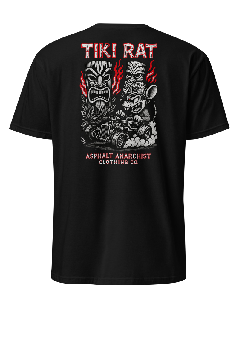 Back view of Tiki Rat t-shirt in black showcasing full-back lowbrow hot rod and tiki artwork in bold colors. Asphalt Anarchist Clothing Co.
OLD SKOOL HOT ROD APPAREL
Custom fueled, never factory filled. Image is AI-generated.