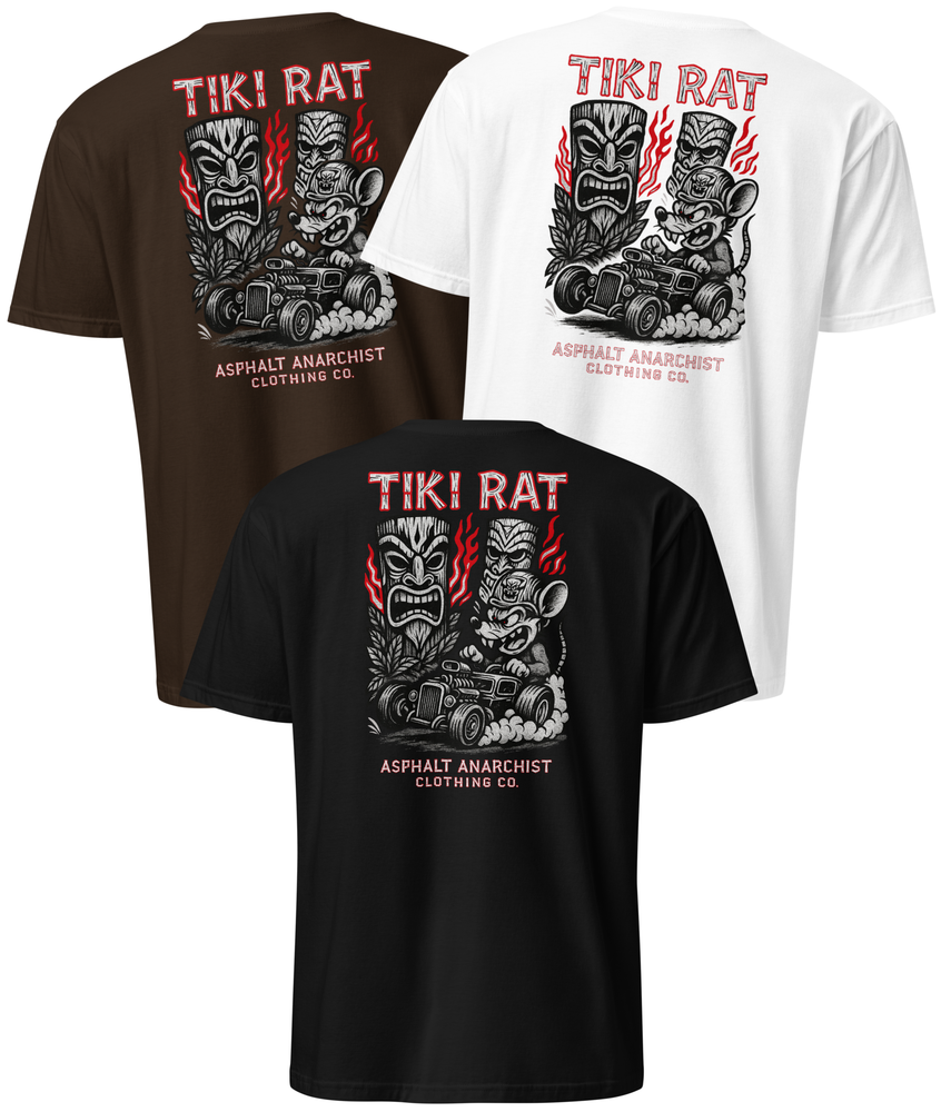 Back view of Tiki Rat t-shirt in black, white, brown showcasing full-back lowbrow hot rod and tiki artwork in bold colors. Asphalt Anarchist Clothing Co.
OLD SKOOL HOT ROD APPAREL
Custom fueled, never factory filled. Image is AI-generated.