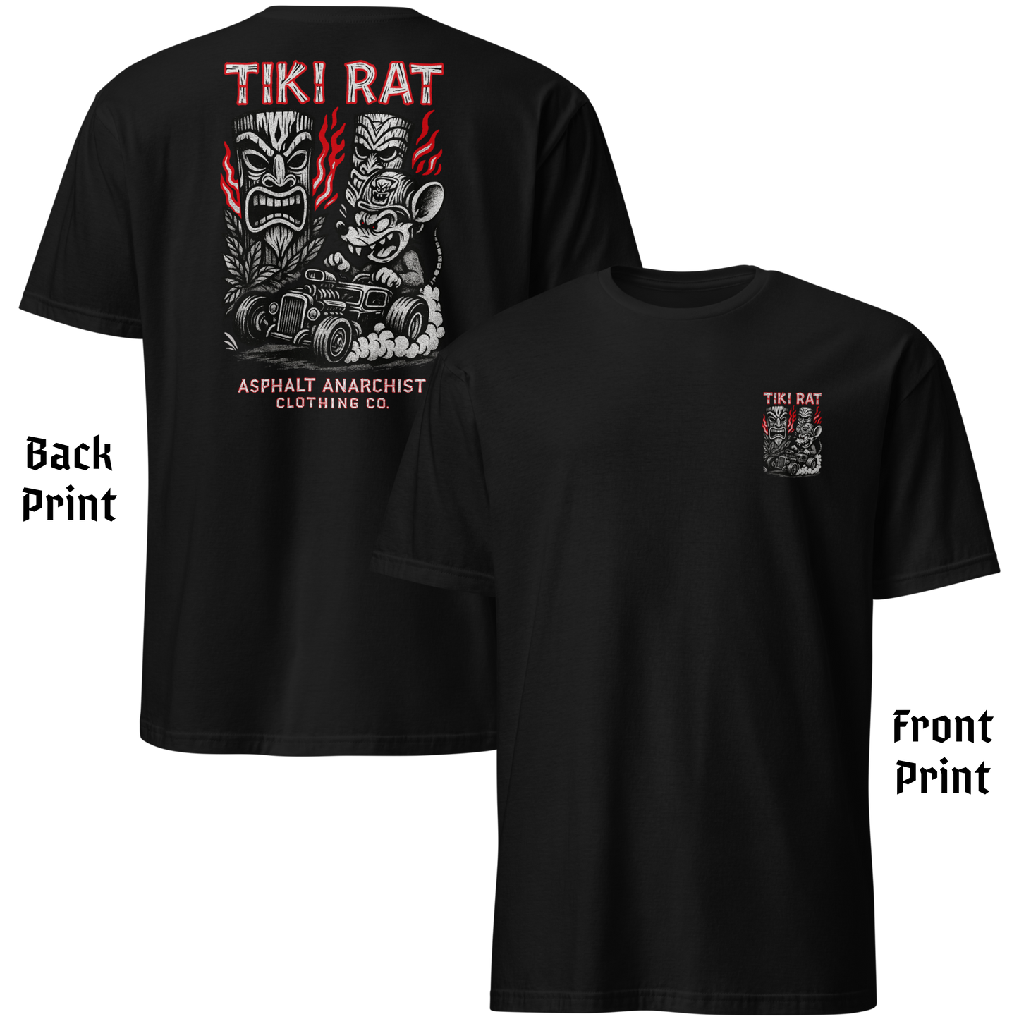 
                  
                    Front and Back view of Tiki Rat men’s t-shirt featuring small chest lowbrow hot rod and tiki artwork in bold colors on soft black cotton crew neck. Asphalt Anarchist Clothing Co. OLD SKOOL HOT ROD APPAREL Custom fueled, never factory filled. Image is AI-generated.
                  
                