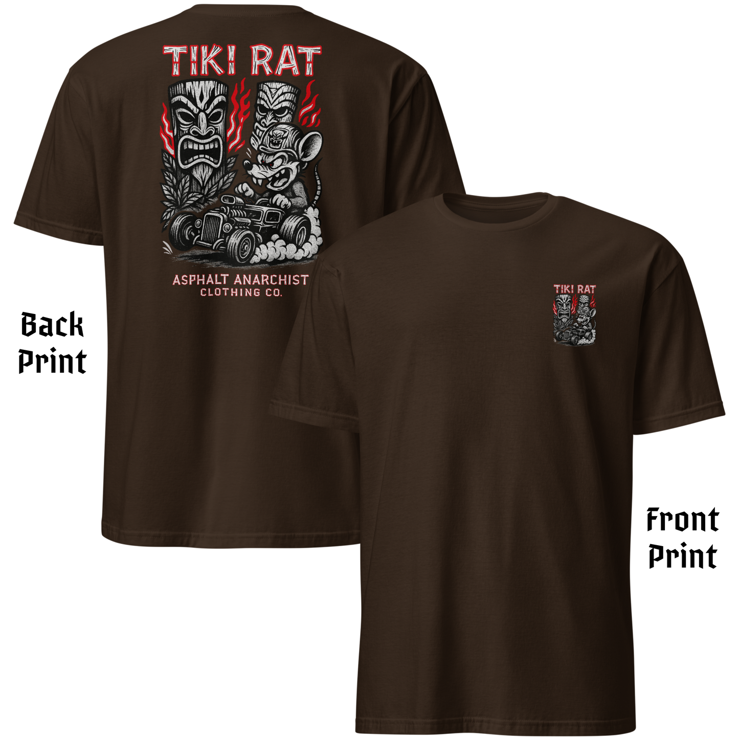 
                  
                    Front and Back view of Tiki Rat men’s t-shirt featuring small chest lowbrow hot rod and tiki artwork in bold colors on soft brown cotton crew neck. Asphalt Anarchist Clothing Co. OLD SKOOL HOT ROD APPAREL Custom fueled, never factory filled. Image is AI-generated.
                  
                