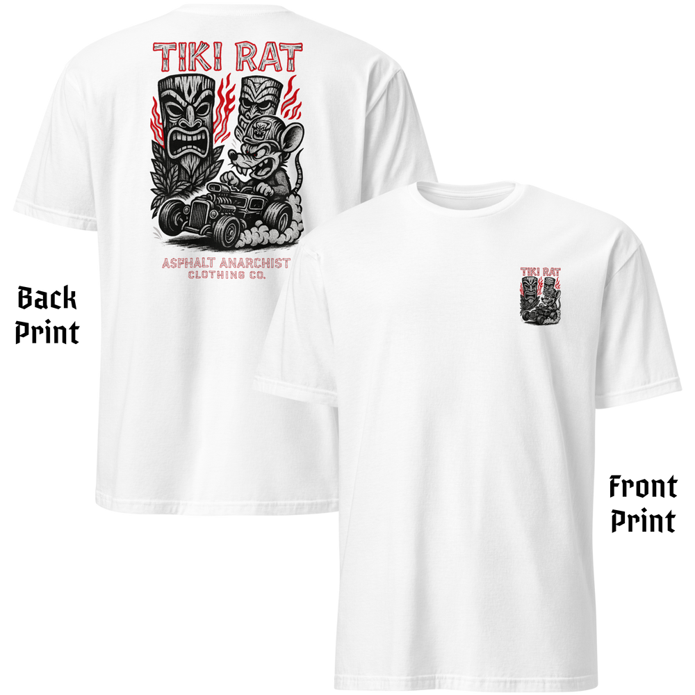 
                  
                    Front and Back view of Tiki Rat men’s t-shirt featuring small chest lowbrow hot rod and tiki artwork in bold colors on soft white cotton crew neck. Asphalt Anarchist Clothing Co. OLD SKOOL HOT ROD APPAREL Custom fueled, never factory filled. Image is AI-generated.
                  
                