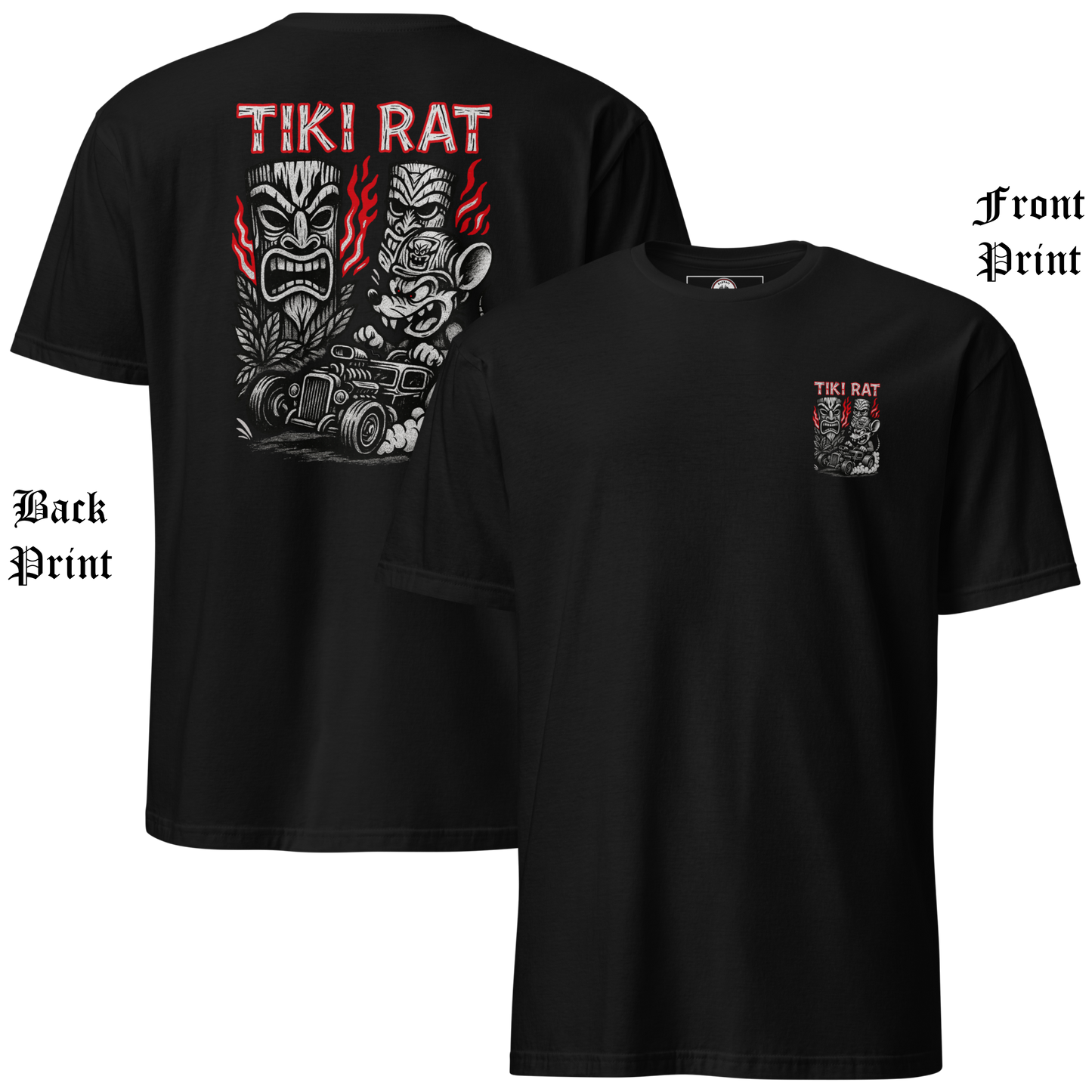 
                  
                    Front and Back view of Tiki Rat men’s t-shirt featuring small chest lowbrow hot rod and tiki artwork in bold colors on soft black cotton crew neck. Asphalt Anarchist Clothing Co. OLD SKOOL HOT ROD APPAREL Custom fueled, never factory filled. Image is AI-generated.
                  
                