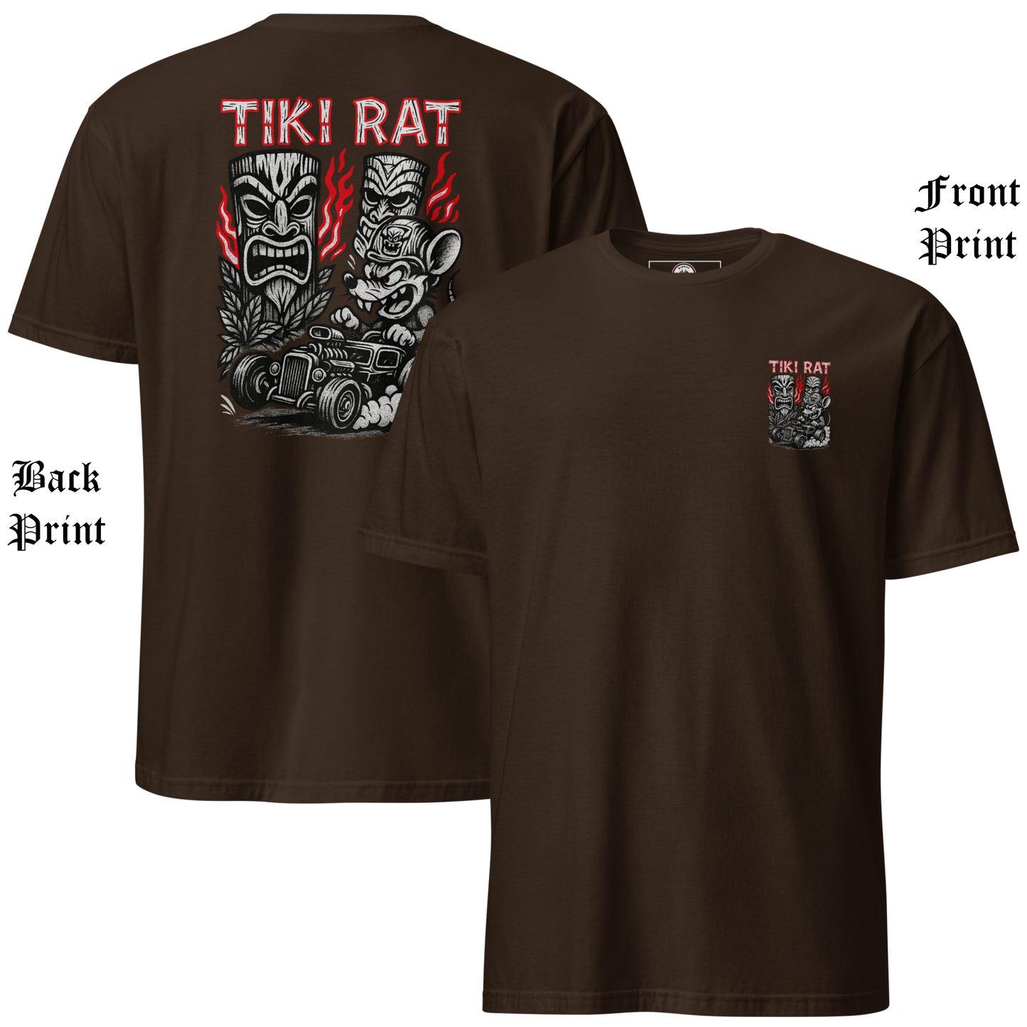 
                  
                    Front and Back view of Tiki Rat men’s t-shirt featuring small chest lowbrow hot rod and tiki artwork in bold colors on soft brown cotton crew neck. Asphalt Anarchist Clothing Co. OLD SKOOL HOT ROD APPAREL Custom fueled, never factory filled. Image is AI-generated.
                  
                
