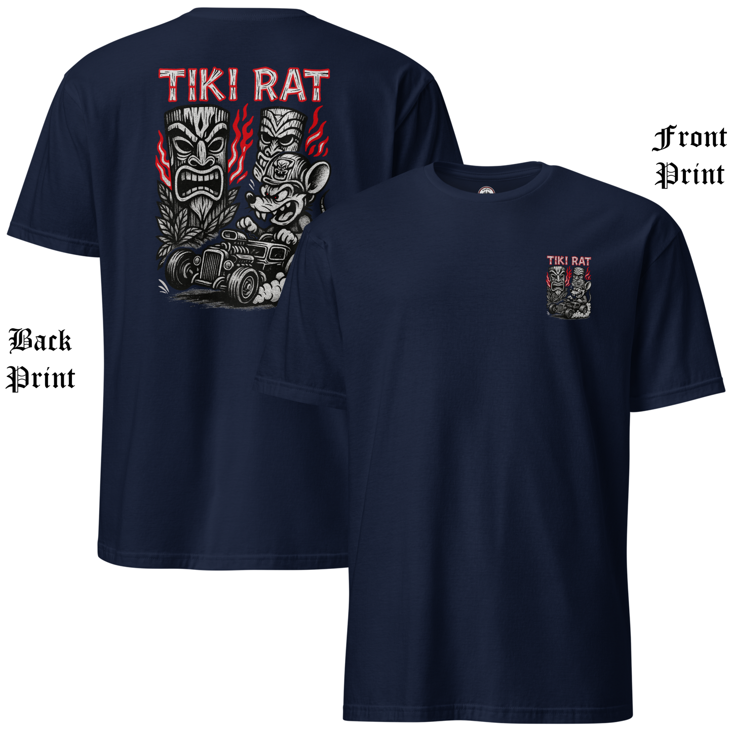 
                  
                    Front and Back view of Tiki Rat men’s t-shirt featuring small chest lowbrow hot rod and tiki artwork in bold colors on soft navy cotton crew neck. Asphalt Anarchist Clothing Co. OLD SKOOL HOT ROD APPAREL Custom fueled, never factory filled. Image is AI-generated.
                  
                