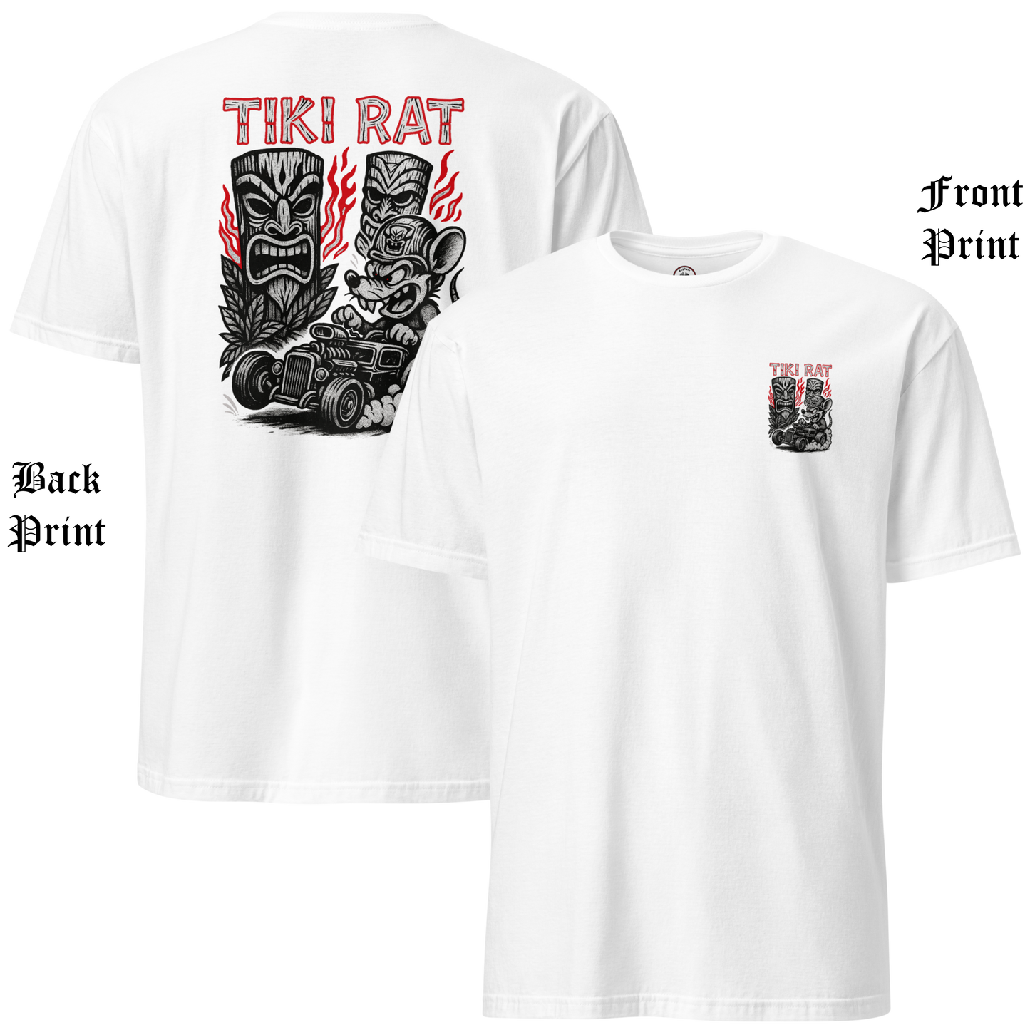 
                  
                    Front and Back view of Tiki Rat men’s t-shirt featuring small chest lowbrow hot rod and tiki artwork in bold colors on soft white cotton crew neck. Asphalt Anarchist Clothing Co. OLD SKOOL HOT ROD APPAREL Custom fueled, never factory filled. Image is AI-generated.
                  
                