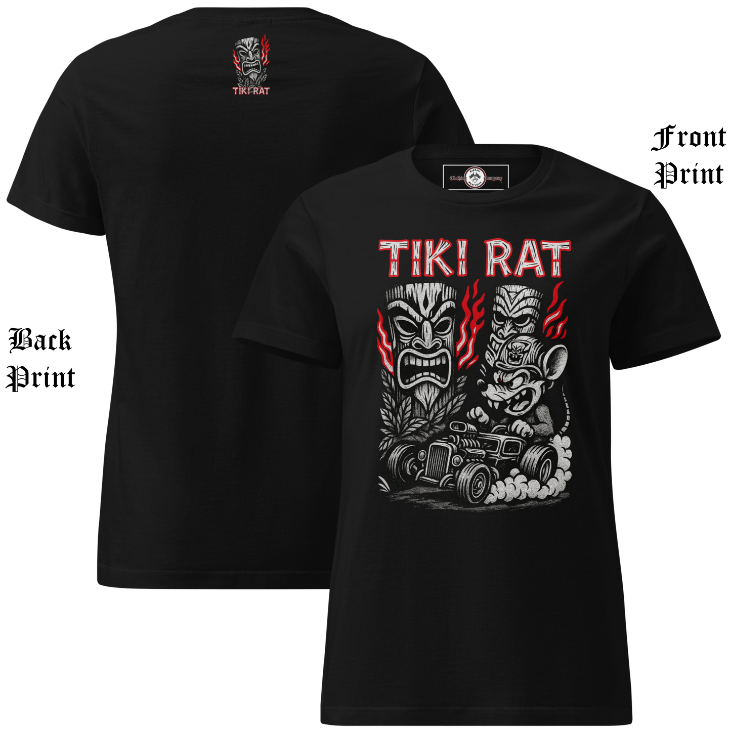 
                  
                    Front & back view of the Tiki Rat Women's Tee from Asphalt Anarchist Clothing Co. Soft-style cotton tee shirt in black. Semi-contoured vintage rockabilly cut, perfect for tiki rebellion — AI generated image.
                  
                