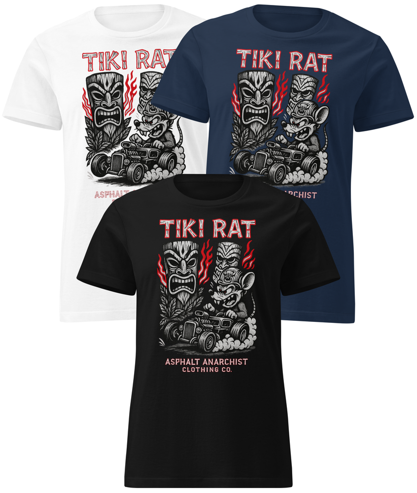 Front collage view of the Tiki Rat Women's Tee from Asphalt Anarchist Clothing Co. Soft-style cotton tee shirt in black, white, or navy. Semi-contoured vintage rockabilly cut, perfect for tiki rebellion — AI generated image.