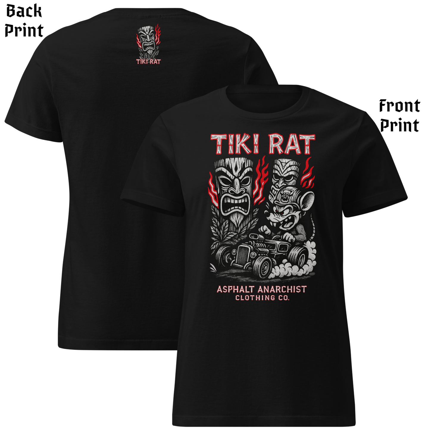 
                  
                    Front & back view of the Tiki Rat Women's Tee from Asphalt Anarchist Clothing Co. Soft-style cotton tee shirt in black. Semi-contoured vintage rockabilly cut, perfect for tiki rebellion — AI generated image.
                  
                