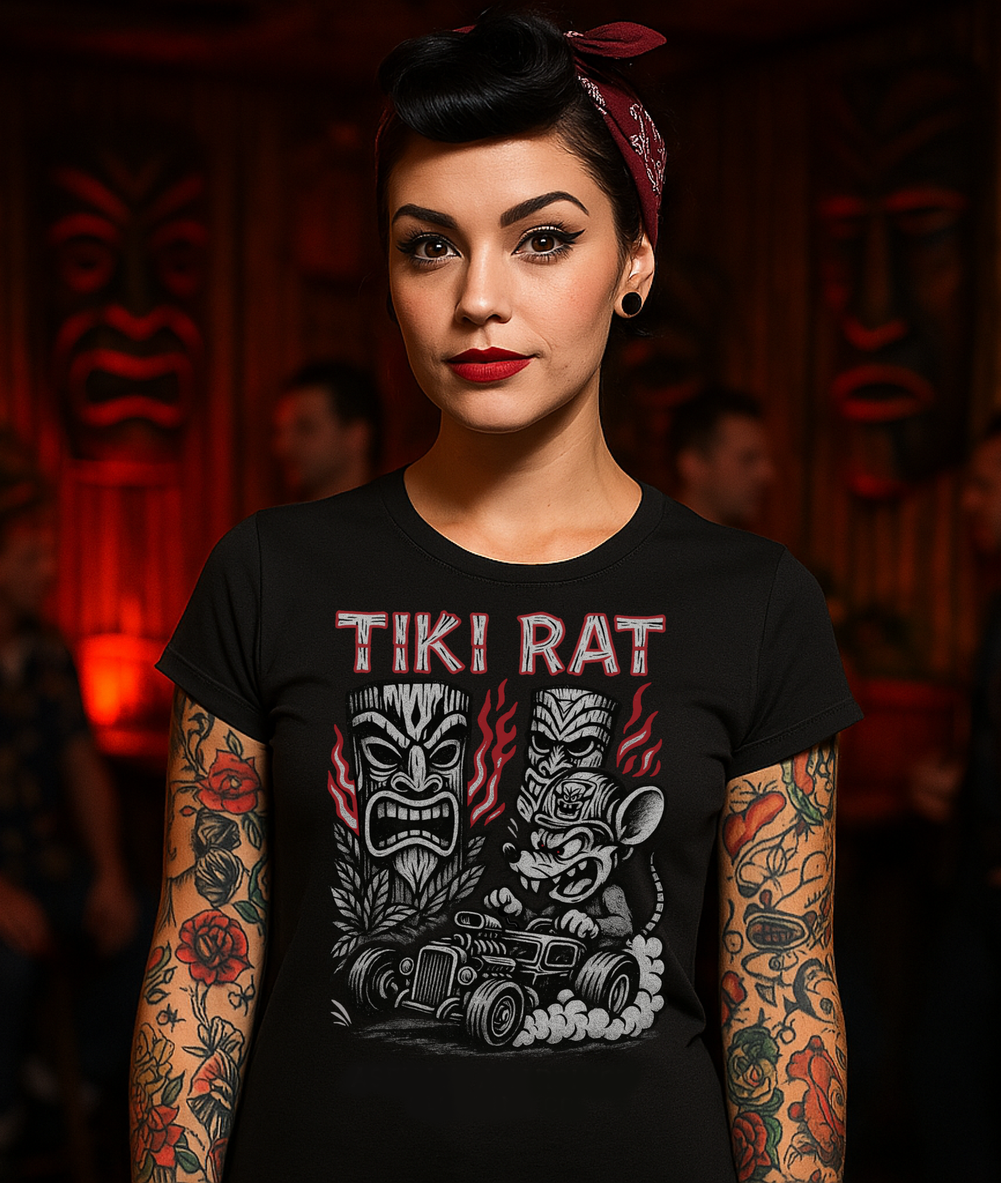
                  
                    A cute brunette rockabilly girl with full sleeve tats hangs out at the Tiki Tony's Bar. She is wearing the Tiki Rat Women's Tee from Asphalt Anarchist Clothing Co. Soft-style cotton tee shirt in black. Semi-contoured vintage rockabilly cut, perfect for tiki rebellion — AI generated image.
                  
                