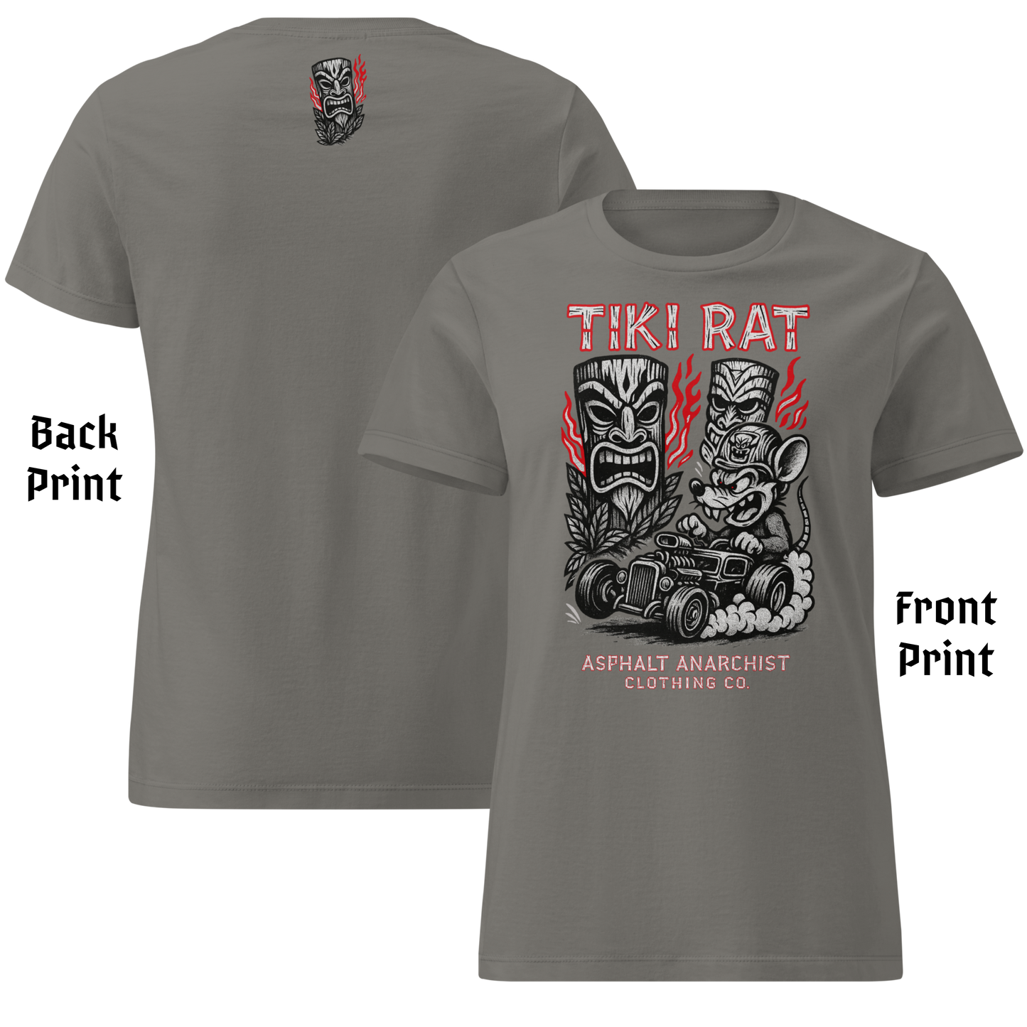 
                  
                    Front & back view of the Tiki Rat Women's Tee from Asphalt Anarchist Clothing Co. Soft-style cotton tee shirt in charcoal gray. Semi-contoured vintage rockabilly cut, perfect for tiki rebellion — AI generated image.
                  
                