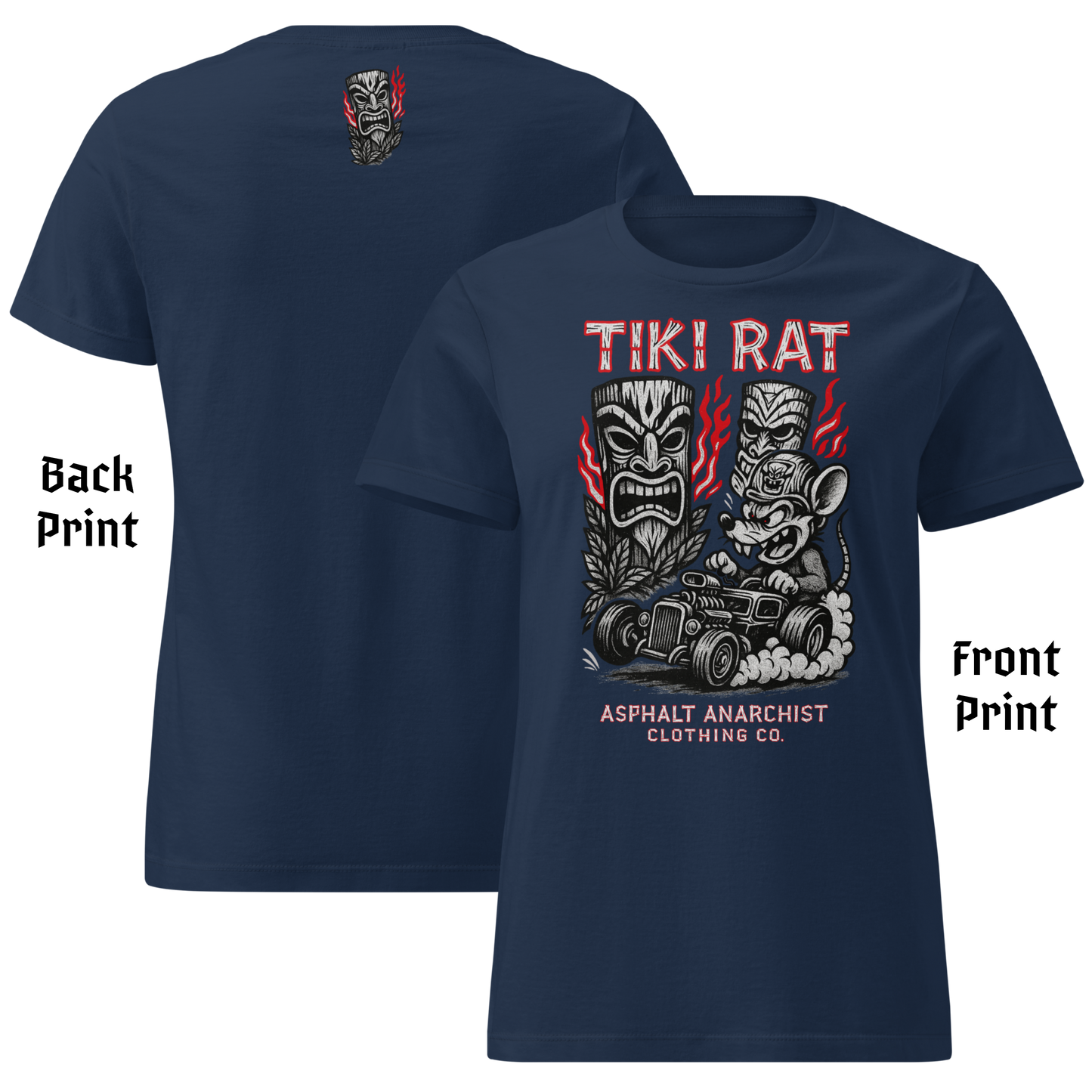 
                  
                    Front & back view of the Tiki Rat Women's Tee from Asphalt Anarchist Clothing Co. Soft-style cotton tee shirt in navy. Semi-contoured vintage rockabilly cut, perfect for tiki rebellion — AI generated image.
                  
                