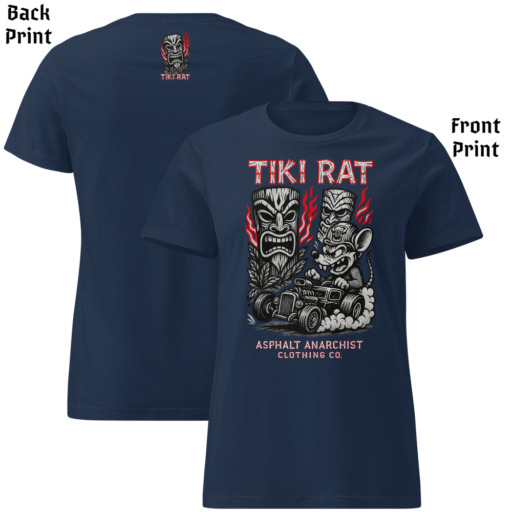 
                  
                    Front & back view of the Tiki Rat Women's Tee from Asphalt Anarchist Clothing Co. Soft-style cotton tee shirt in navy. Semi-contoured vintage rockabilly cut, perfect for tiki rebellion — AI generated image.
                  
                