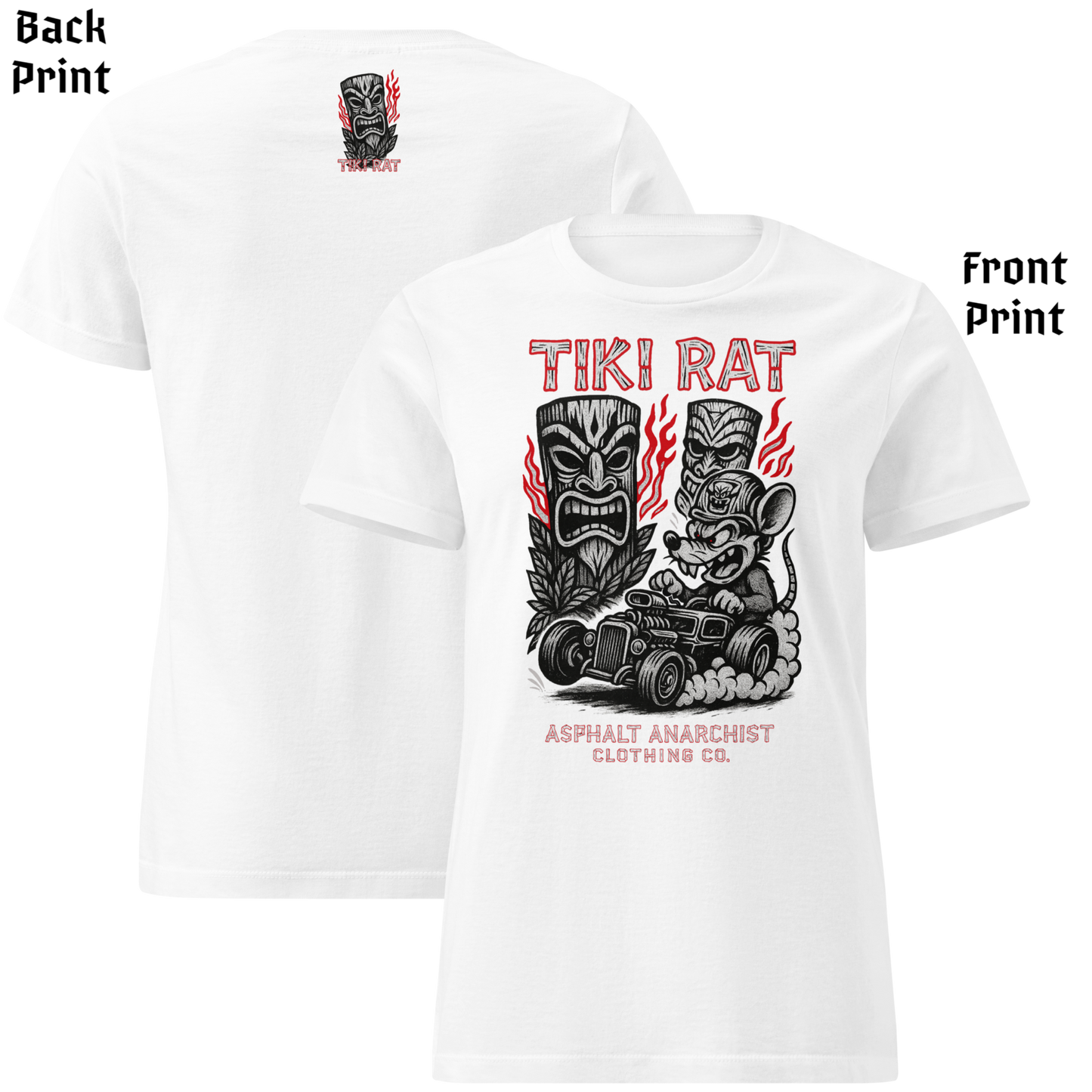 
                  
                    Front & back view of the Tiki Rat Women's Tee from Asphalt Anarchist Clothing Co. Soft-style cotton tee shirt in white. Semi-contoured vintage rockabilly cut, perfect for tiki rebellion — AI generated image.
                  
                