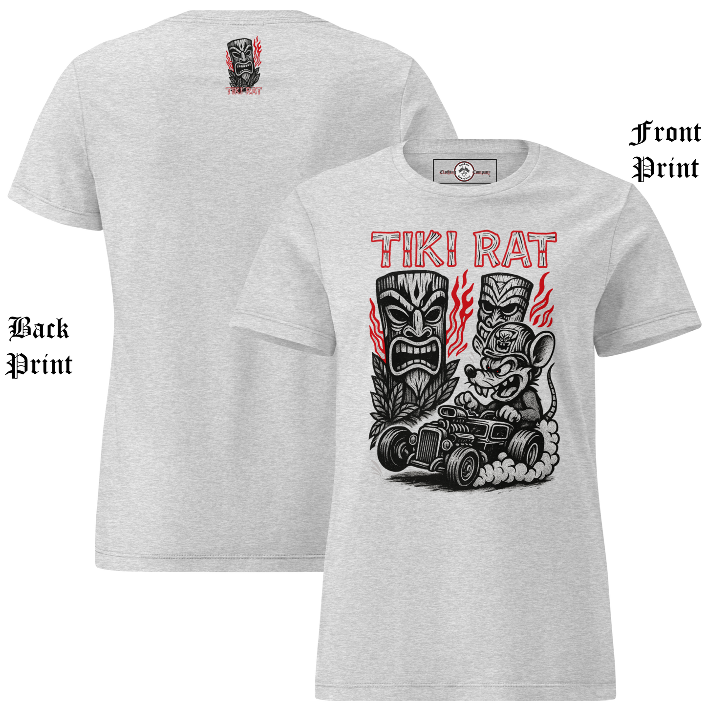 
                  
                    Front & back view of the Tiki Rat Women's Tee from Asphalt Anarchist Clothing Co. Soft-style cotton tee shirt in sport gray. Semi-contoured vintage rockabilly cut, perfect for tiki rebellion — AI generated image.
                  
                
