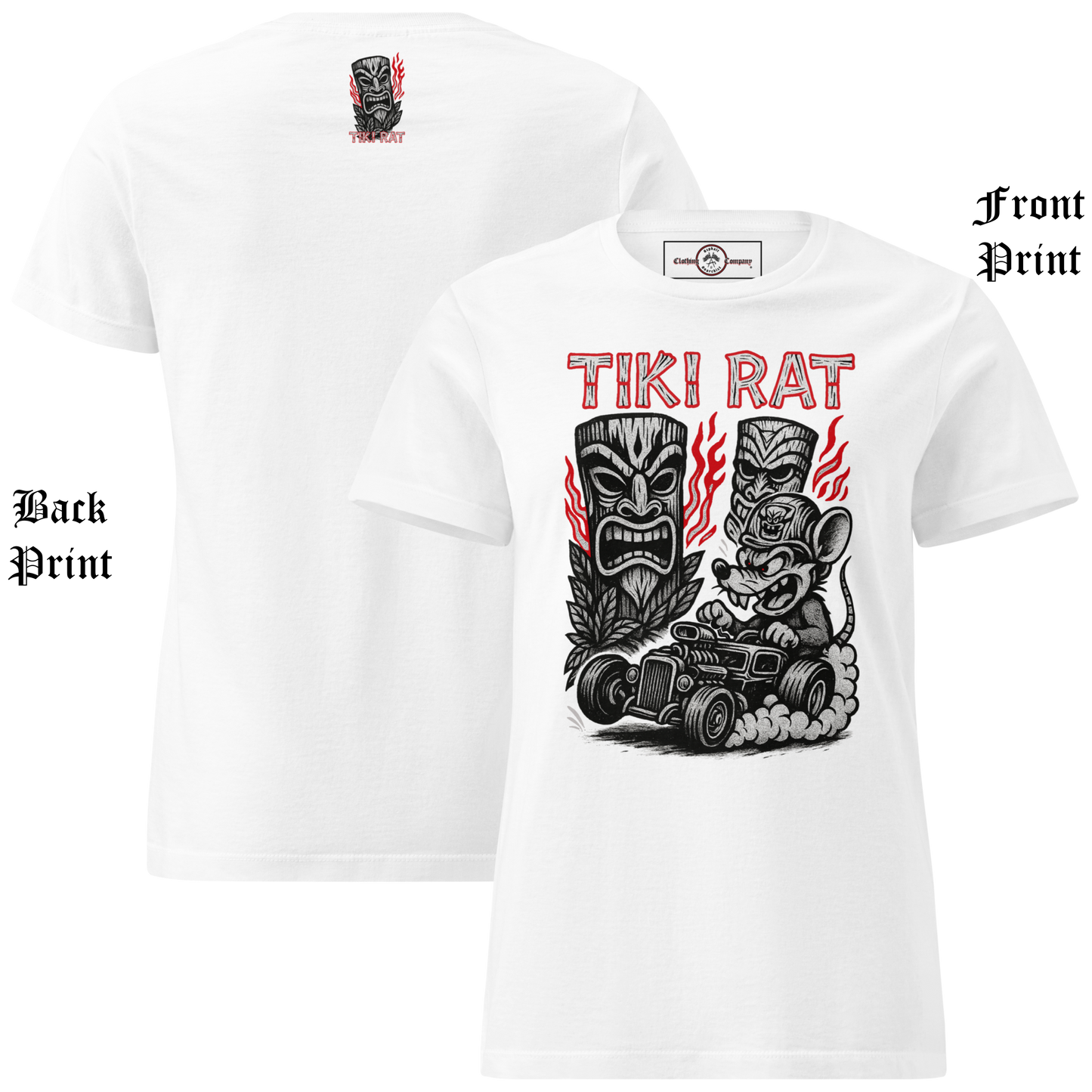 
                  
                    Front & back view of the Tiki Rat Women's Tee from Asphalt Anarchist Clothing Co. Soft-style cotton tee shirt in white. Semi-contoured vintage rockabilly cut, perfect for tiki rebellion — AI generated image.
                  
                