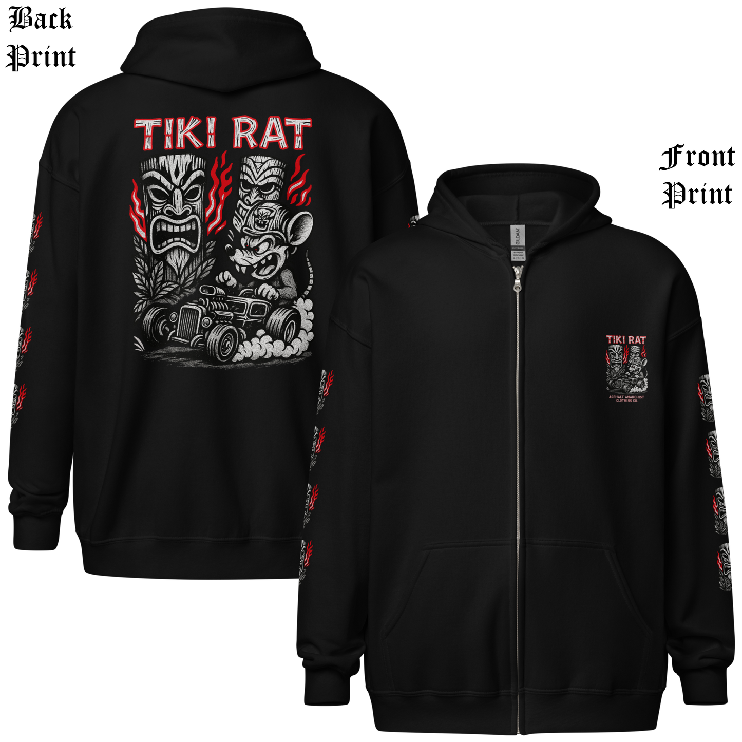 
                  
                    Back & front view of the Tiki Rat Zipper Heavy Hoodie in black by Asphalt Anarchist with bold back graphic, front chest mark, and flame‑themed sleeve icons. AI‑Generated Image.
                  
                