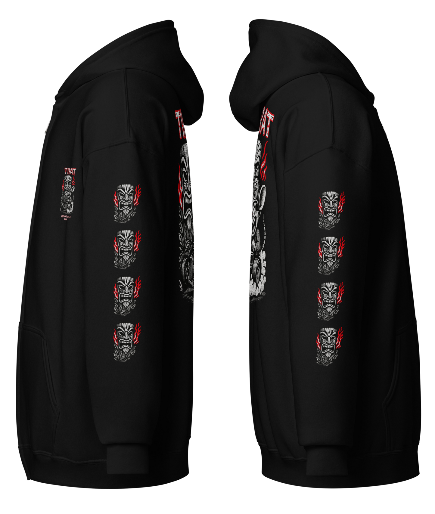 
                  
                    Side view of the Tiki Rat Zipper Heavy Hoodie in black by Asphalt Anarchist with bold back graphic, front chest mark, and flame‑themed sleeve icons. AI‑Generated Image.
                  
                