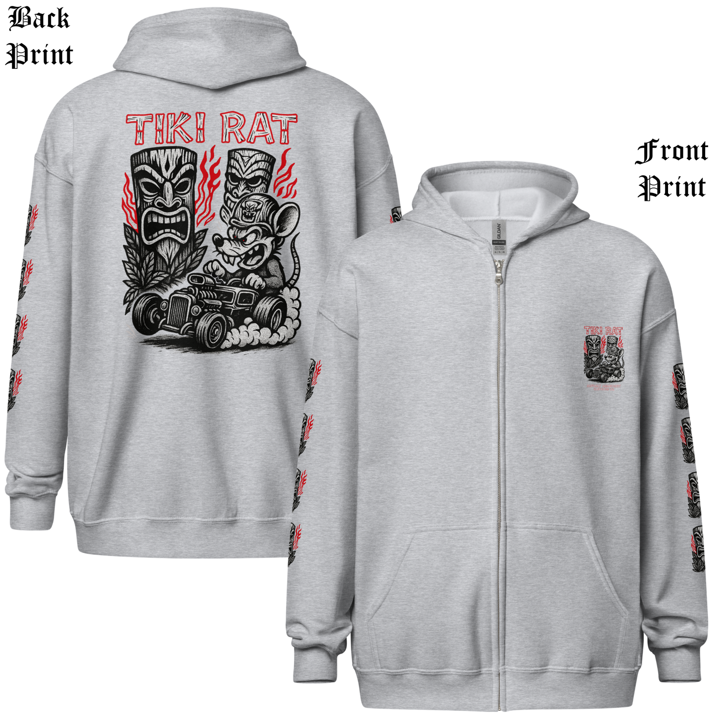 
                  
                    Back & front view of the Tiki Rat Zipper Heavy Hoodie in sport gray by Asphalt Anarchist with bold back graphic, front chest mark, and flame‑themed sleeve icons. AI‑Generated Image.
                  
                