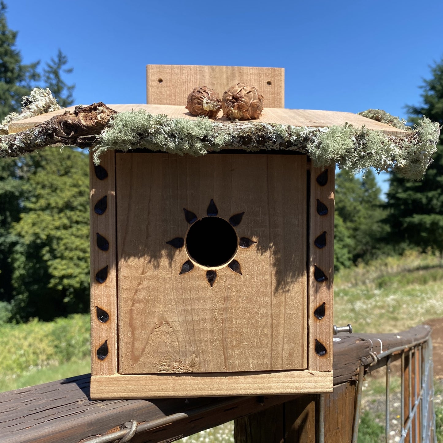 
                  
                    Front Image. Wooden birdhouse with natural elements on a wooden post against a blue sky and green trees background. Sparrow Shack Birdhouse by Old Pacific Woodshop HANDMADE COUNTRY WOODWORK 
                  
                