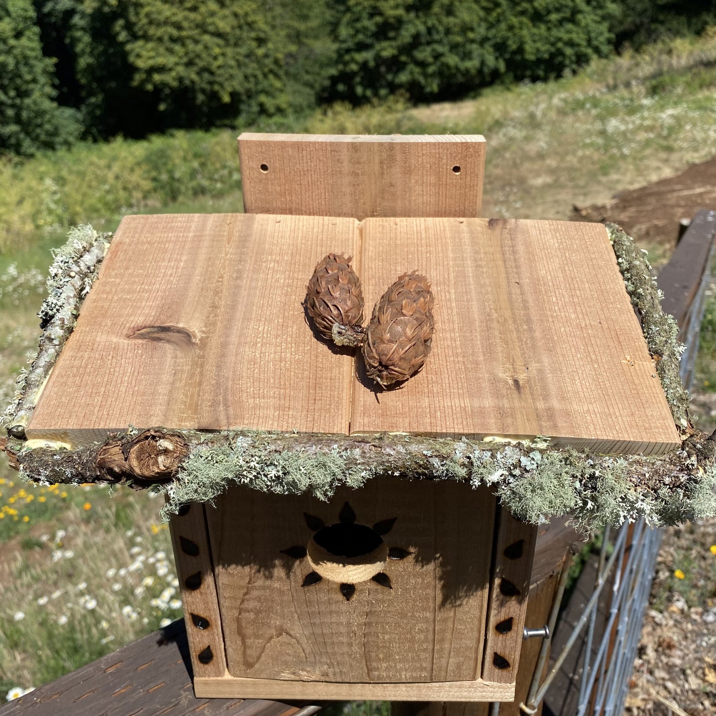 
                  
                    Top Image. Wooden birdhouse with natural elements on a wooden post against a blue sky and green trees background. Sparrow Shack Birdhouse by Old Pacific Woodshop HANDMADE COUNTRY WOODWORK 
                  
                