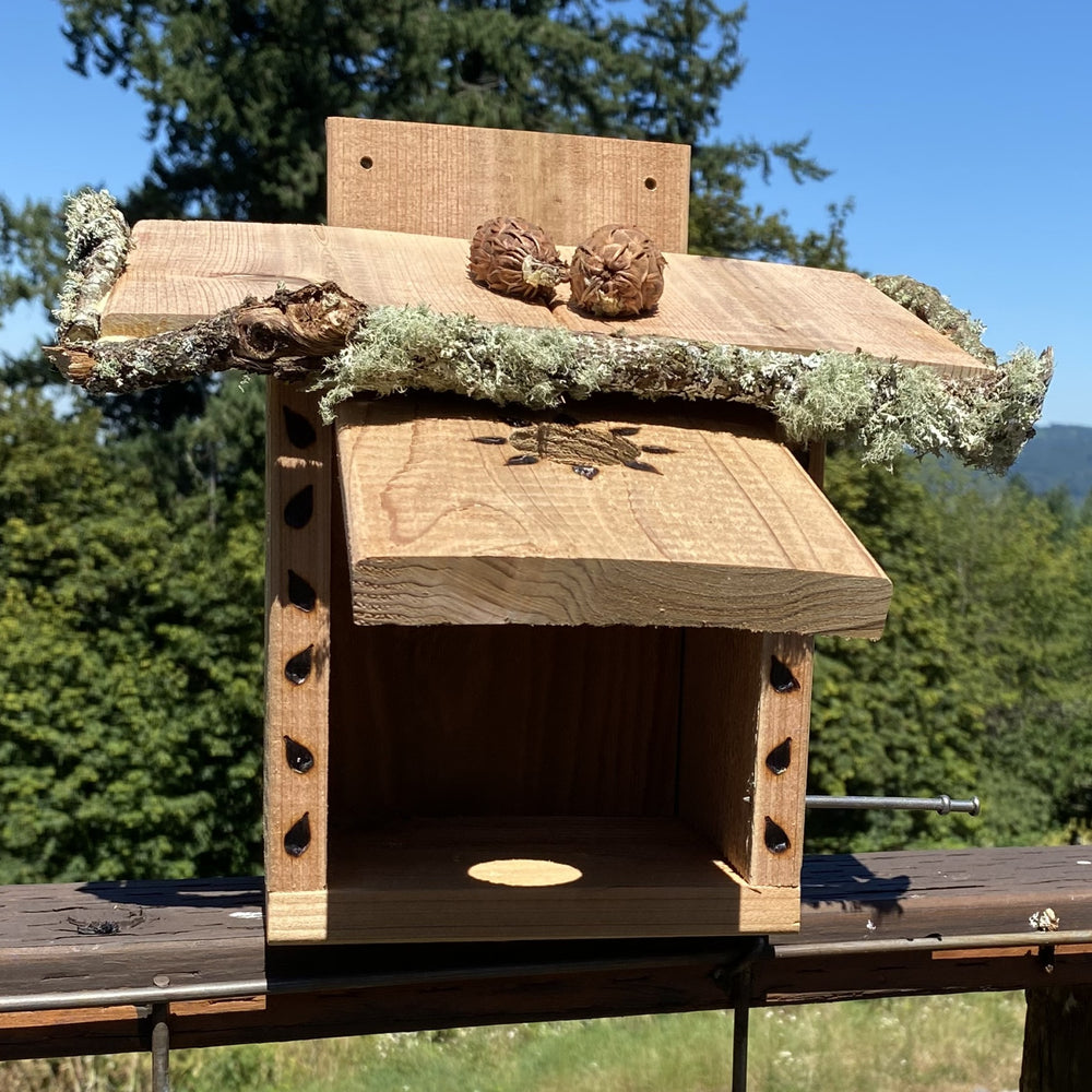 
                  
                    Interior Image. Wooden birdhouse with natural elements on a wooden post against a blue sky and green trees background. Sparrow Shack Birdhouse by Old Pacific Woodshop HANDMADE COUNTRY WOODWORK 
                  
                