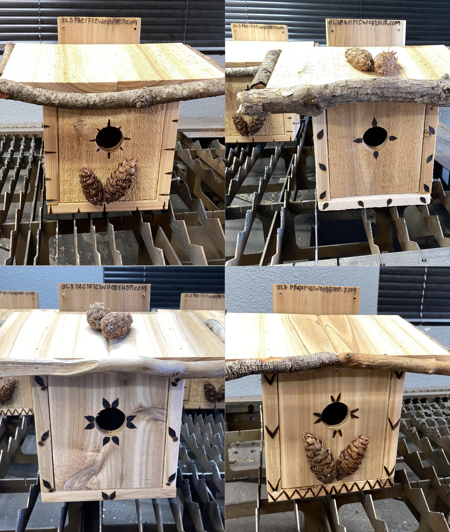 Front collage view of the Sparrow Shack Handmade Cedar Birdhouse by Old Pacific Woodshop HANDMADE COUNTRY WOODWORK 