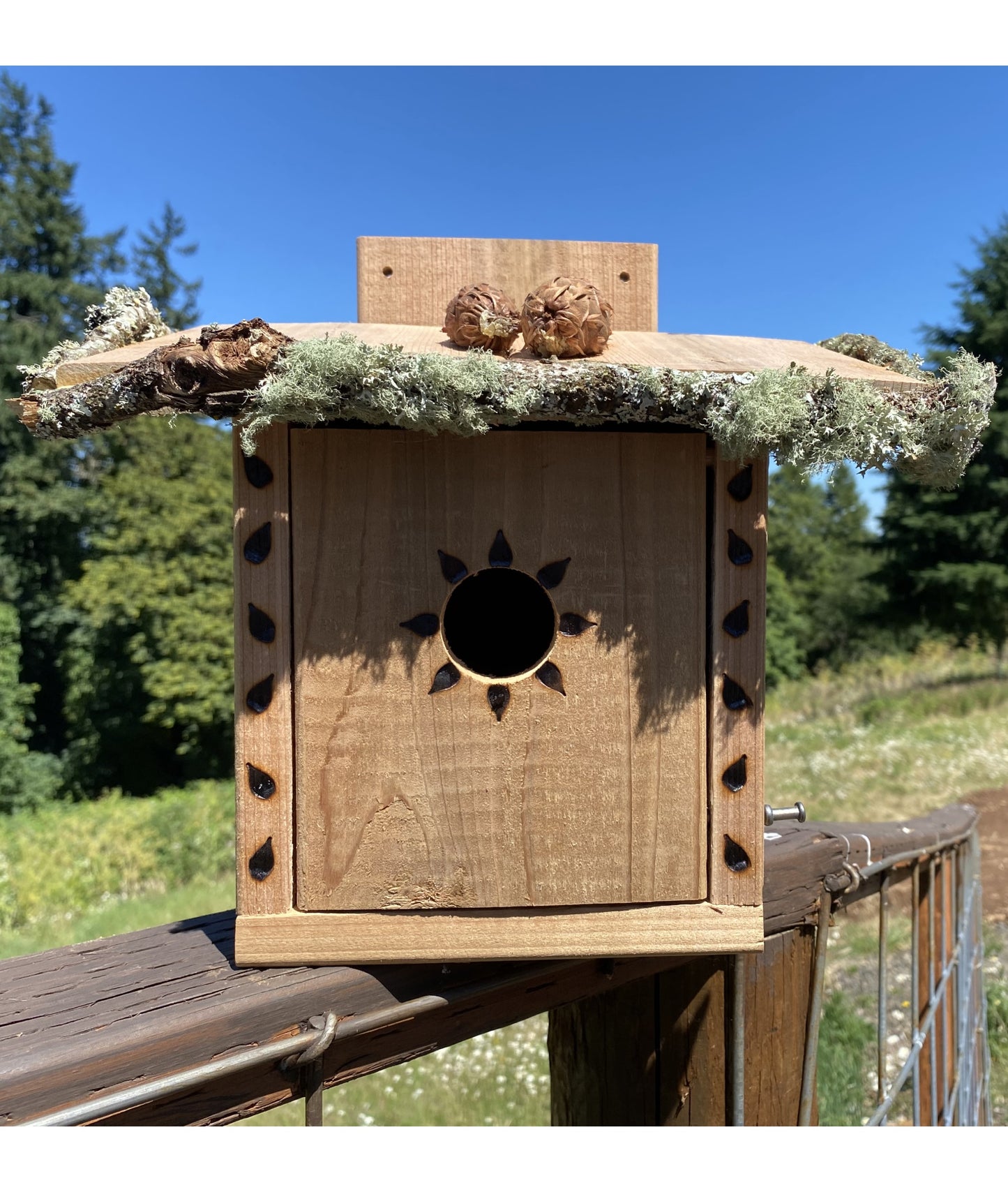 Front view of the Sparrow Shack Handmade Cedar Birdhouse by Old Pacific Woodshop HANDMADE COUNTRY WOODWORK 