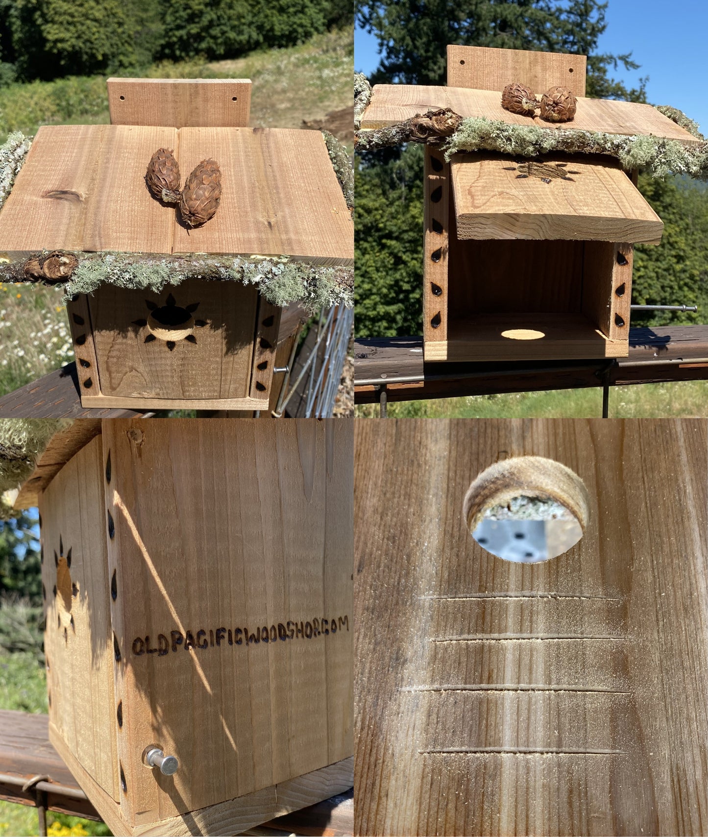 
                  
                    Collage multi-angle view of the Sparrow Shack Handmade Cedar Birdhouse by Old Pacific Woodshop HANDMADE COUNTRY WOODWORK 
                  
                