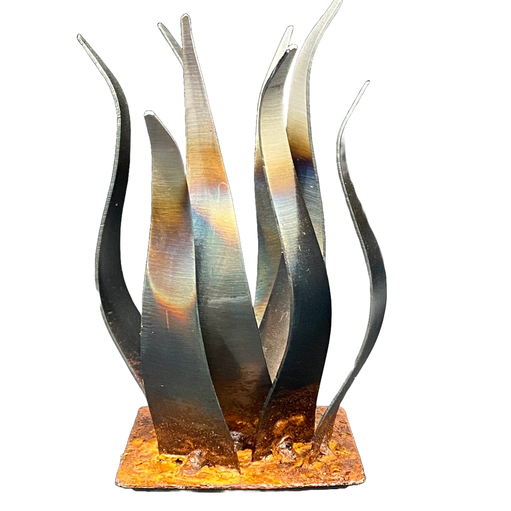 The Mini Fuego Sculpture  from Succulent Metals Welded Artistry. Metal Sculpture. Metal artwork crafted by hand through welding, hand-forging, torching, silicone bronze, patina, & dyes. 